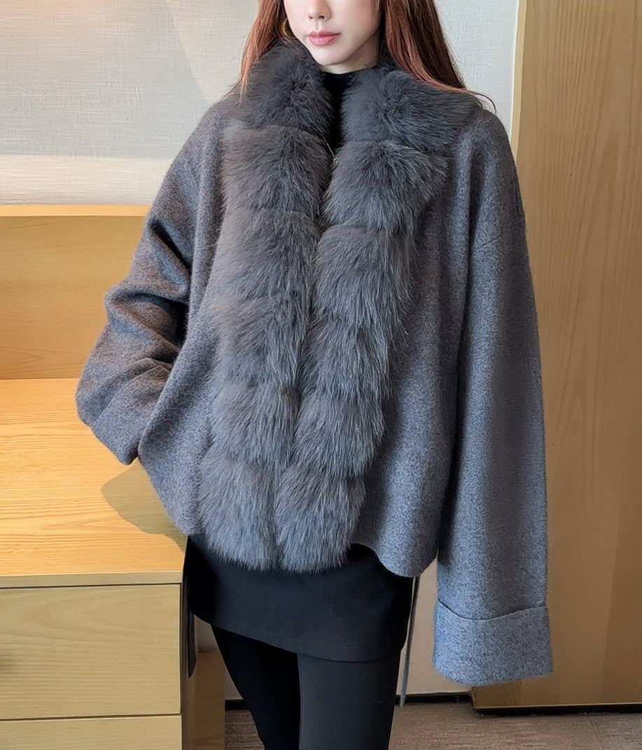 Fen 25 New Fox Fur Trimmed Knitted Jacket(BROWN/WHITE/GRAY)