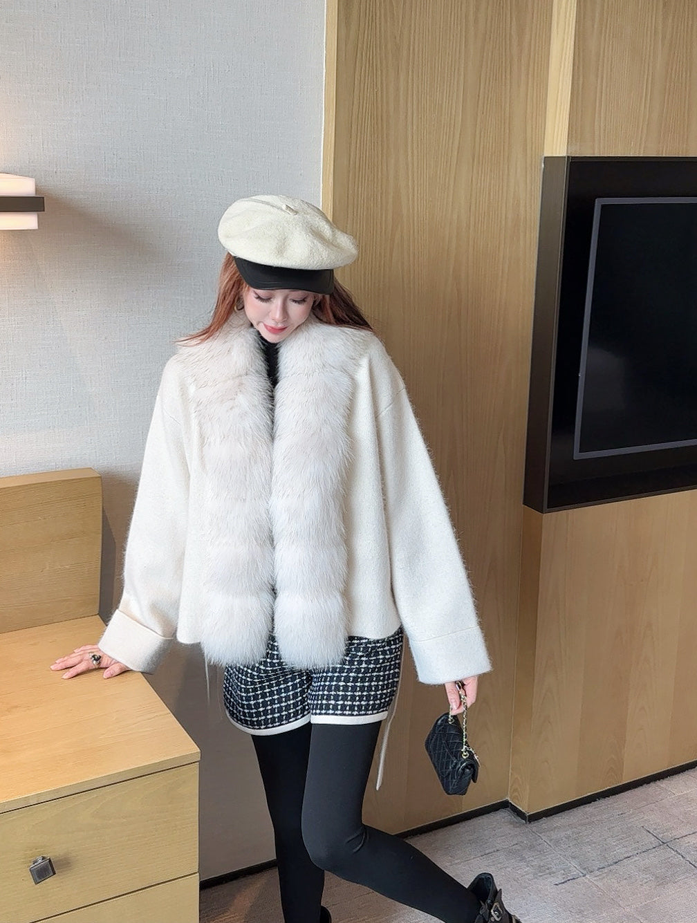 Fen 25 New Fox Fur Trimmed Knitted Jacket(BROWN/WHITE/GRAY)
