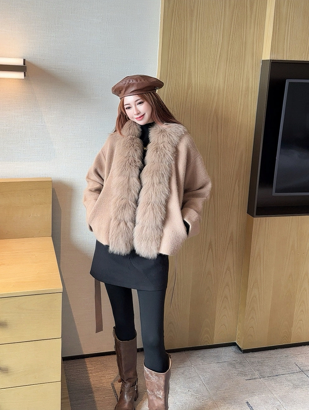 Fen 25 New Fox Fur Trimmed Knitted Jacket(BROWN/WHITE/GRAY)