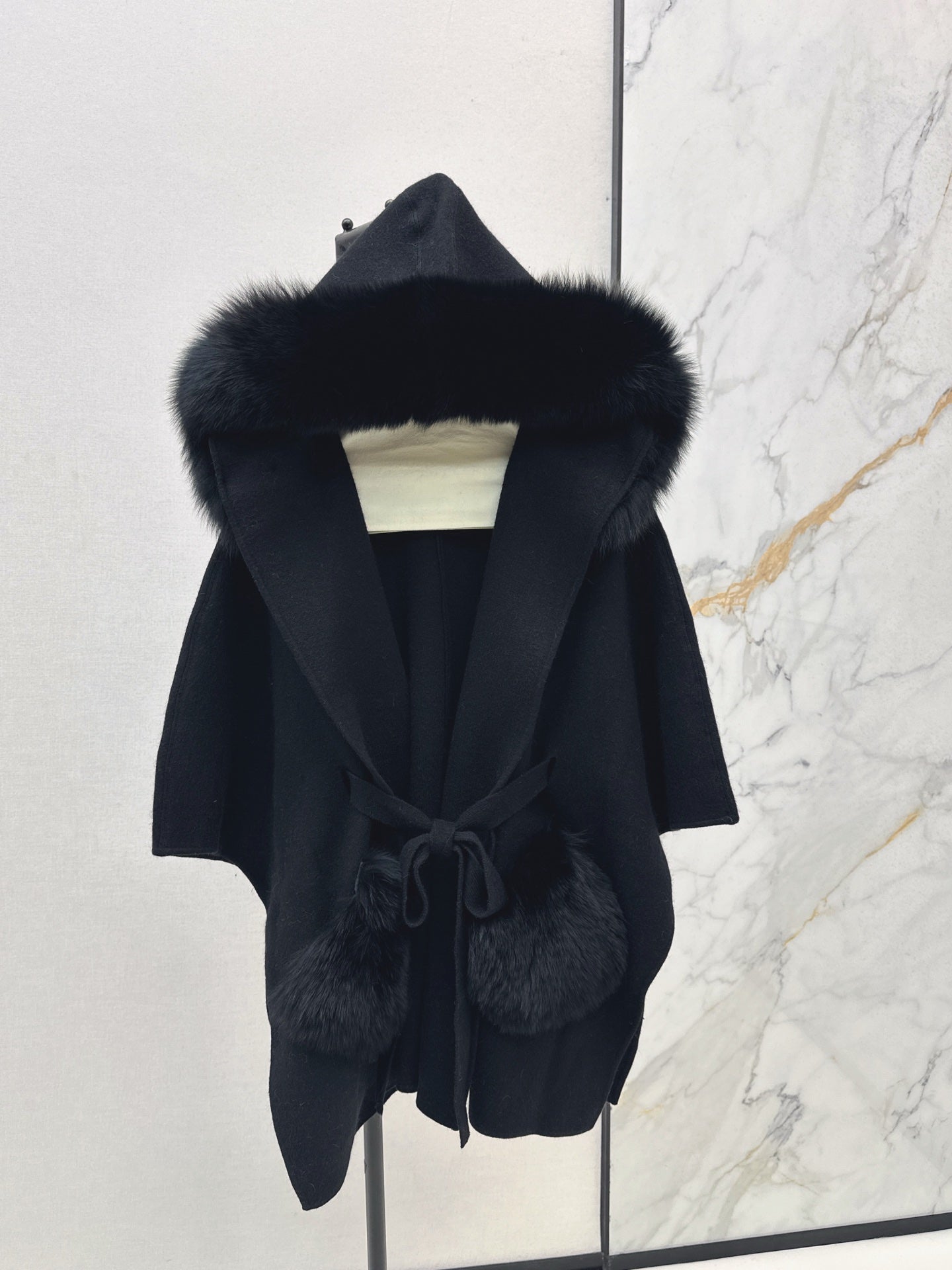 Fen 25 fox fur trim cape coat(BROWN/WHITE/BLACK)