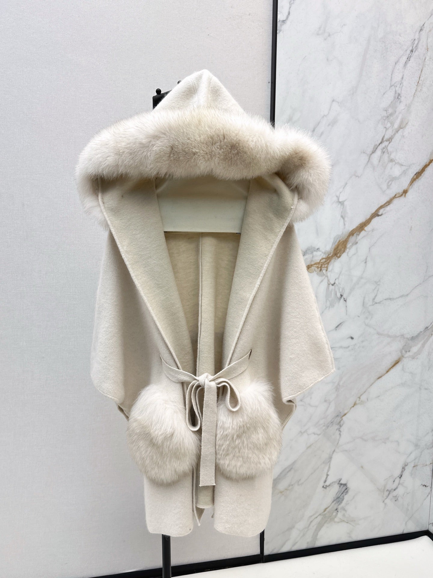 Fen 25 fox fur trim cape coat(BROWN/WHITE/BLACK)