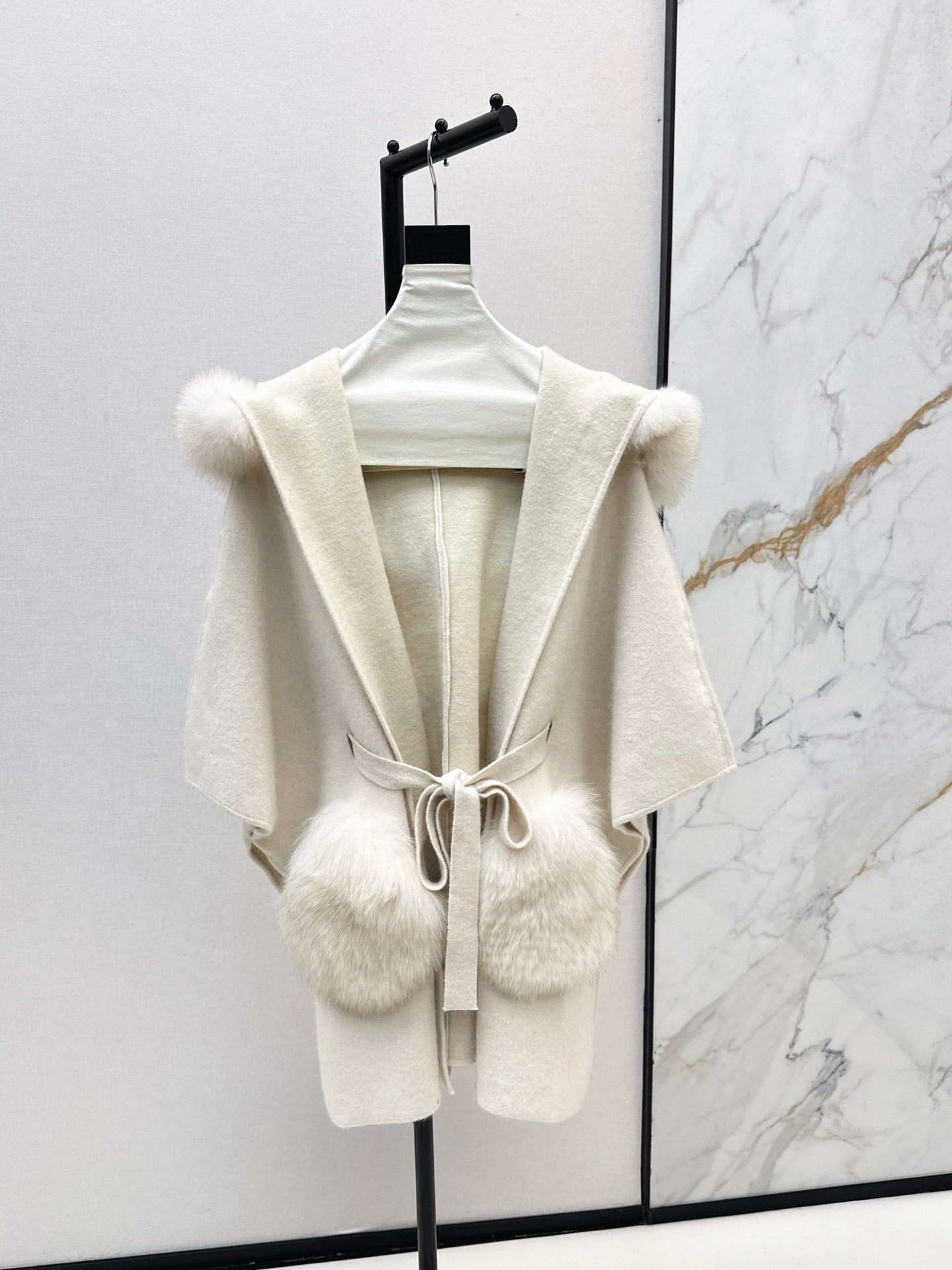 Fen 25 fox fur trim cape coat(BROWN/WHITE/BLACK)