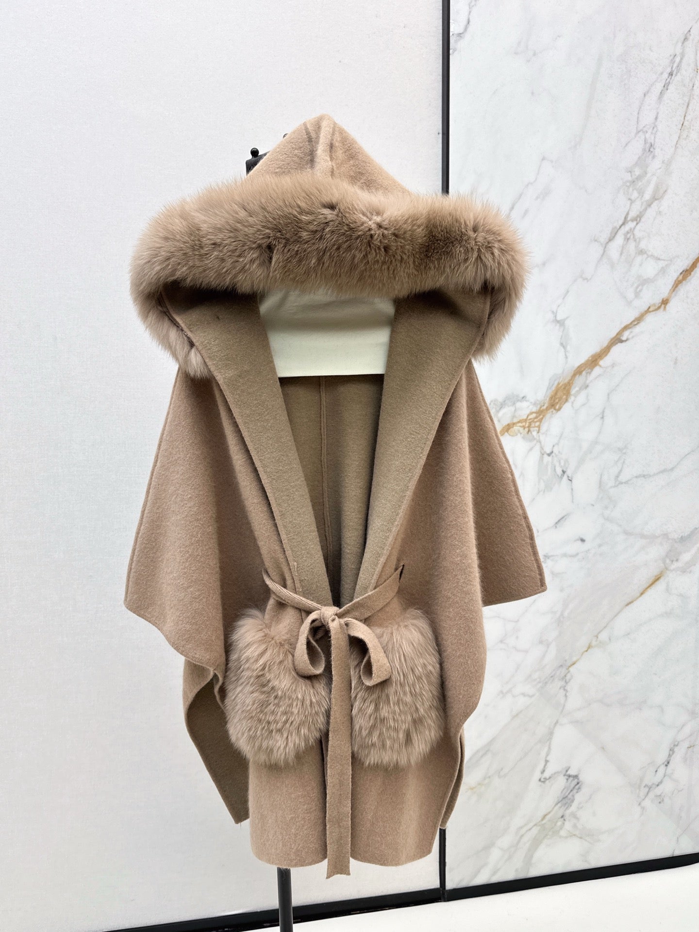 Fen 25 fox fur trim cape coat(BROWN/WHITE/BLACK)