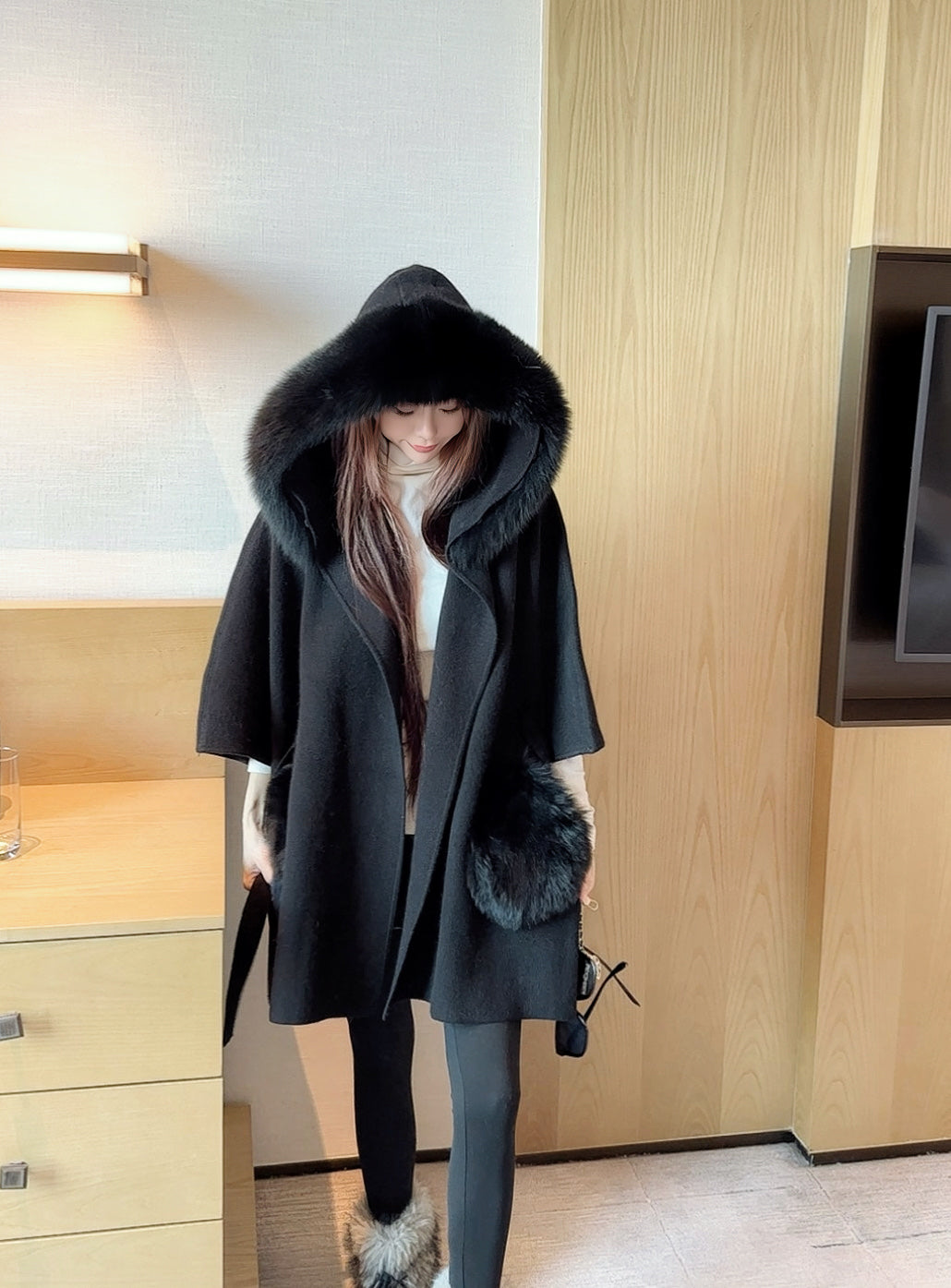 Fen 25 fox fur trim cape coat(BROWN/WHITE/BLACK)