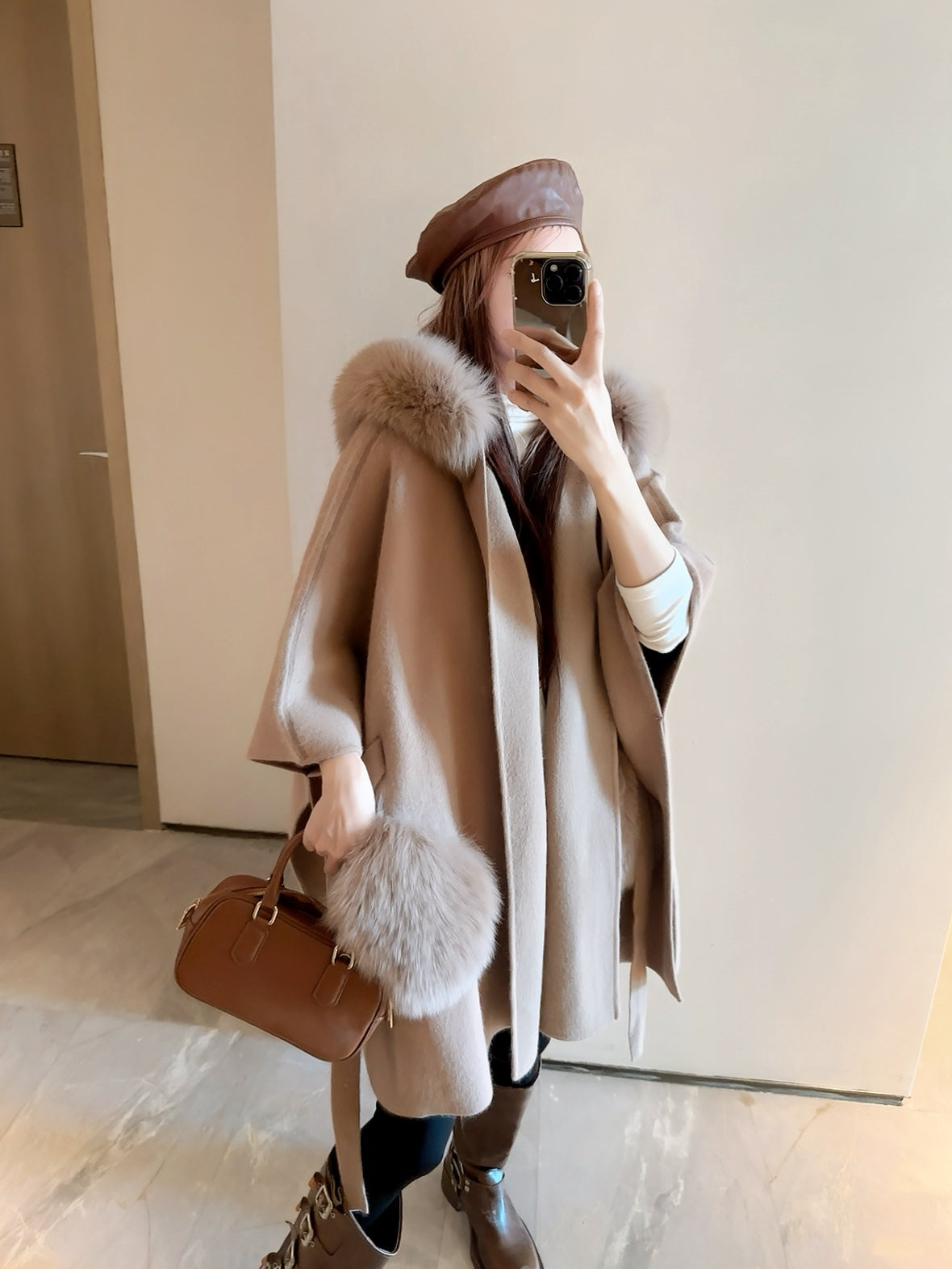 Fen 25 fox fur trim cape coat(BROWN/WHITE/BLACK)