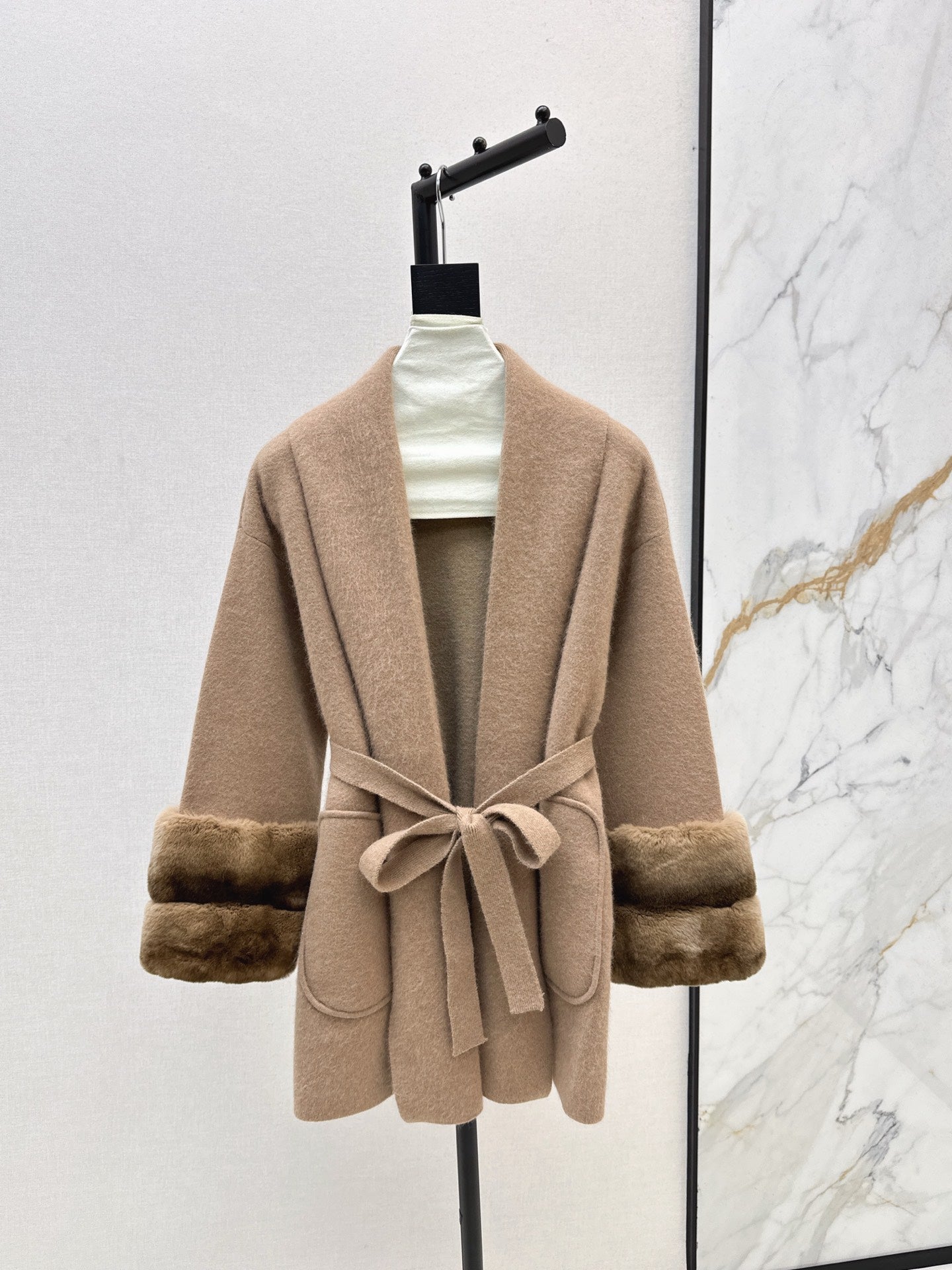 Fen 25 Rex rabbit fur cuffs mid-length sweater coat(BEIGI/BROWN)