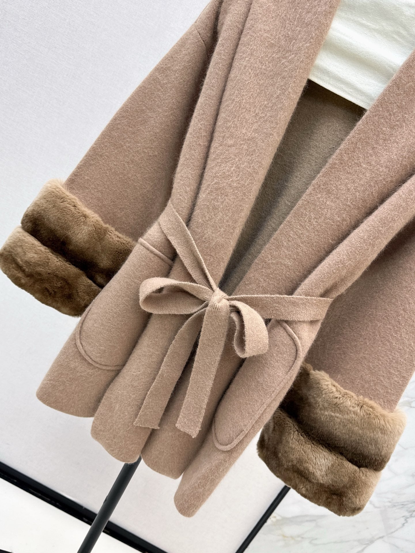 Fen 25 Rex rabbit fur cuffs mid-length sweater coat(BEIGI/BROWN)