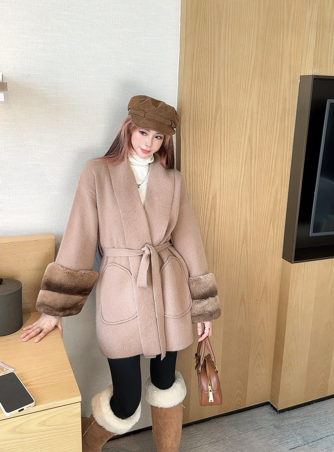 Fen 25 Rex rabbit fur cuffs mid-length sweater coat(BEIGI/BROWN)