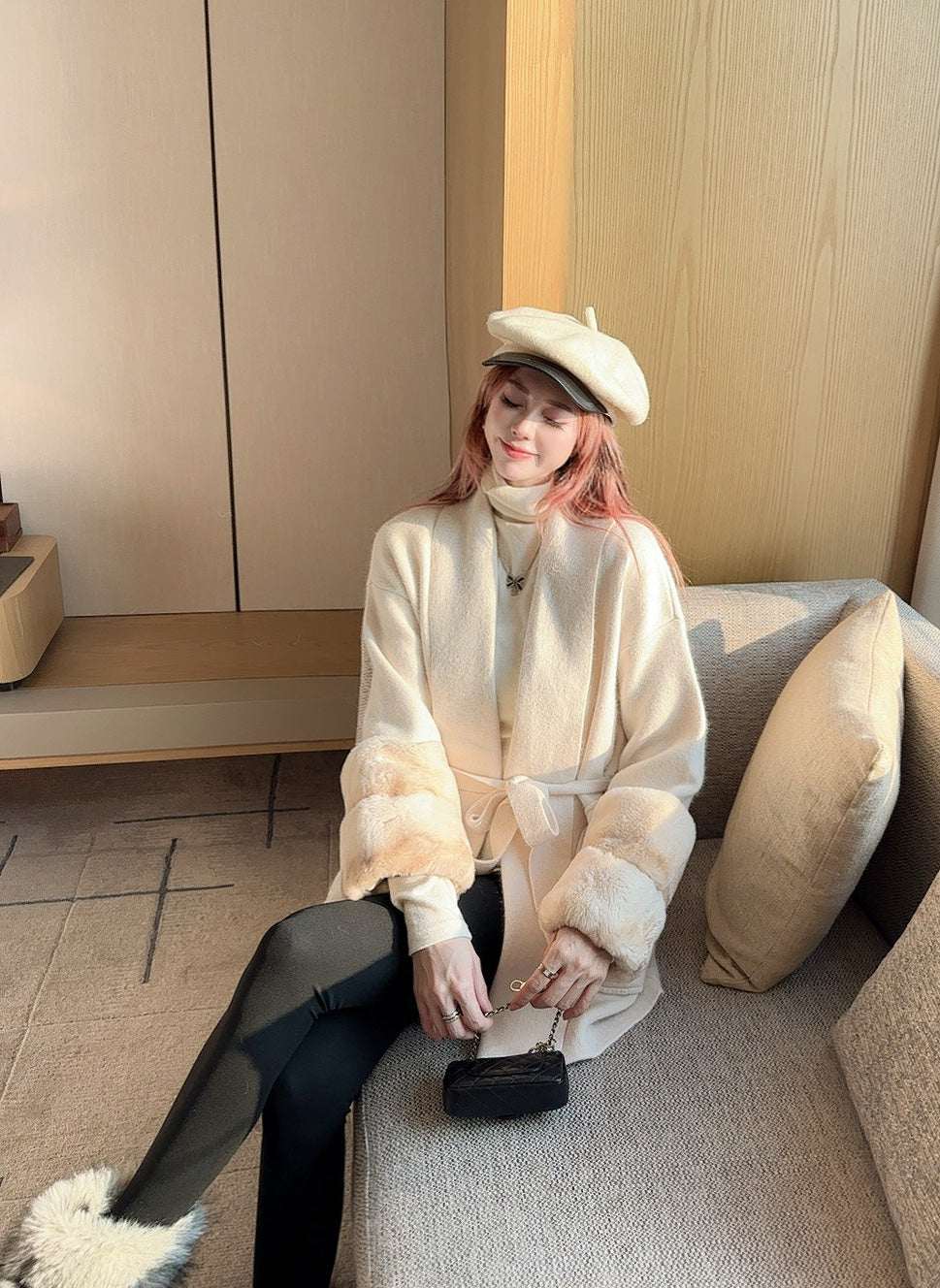Fen 25 Rex rabbit fur cuffs mid-length sweater coat(BEIGI/BROWN)