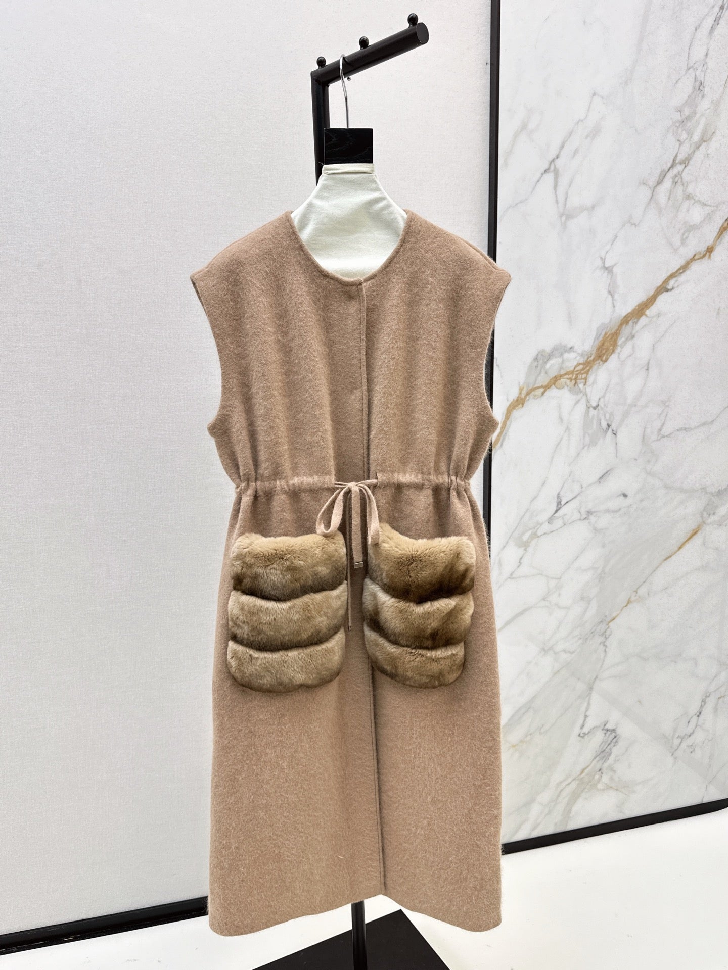 Fen 25 Rex rabbit fur collar pocket long vest coat(BEIGI/BROWN)