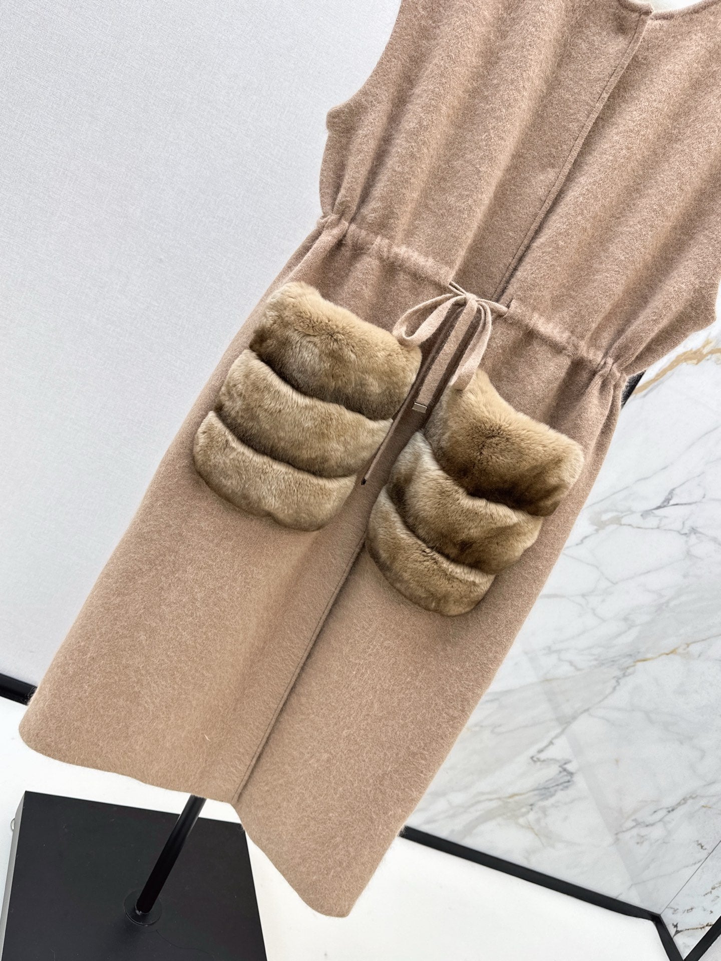 Fen 25 Rex rabbit fur collar pocket long vest coat(BEIGI/BROWN)