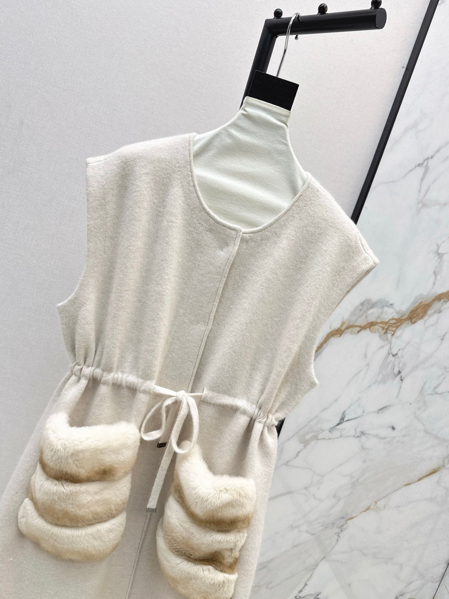 Fen 25 Rex rabbit fur collar pocket long vest coat(BEIGI/BROWN)