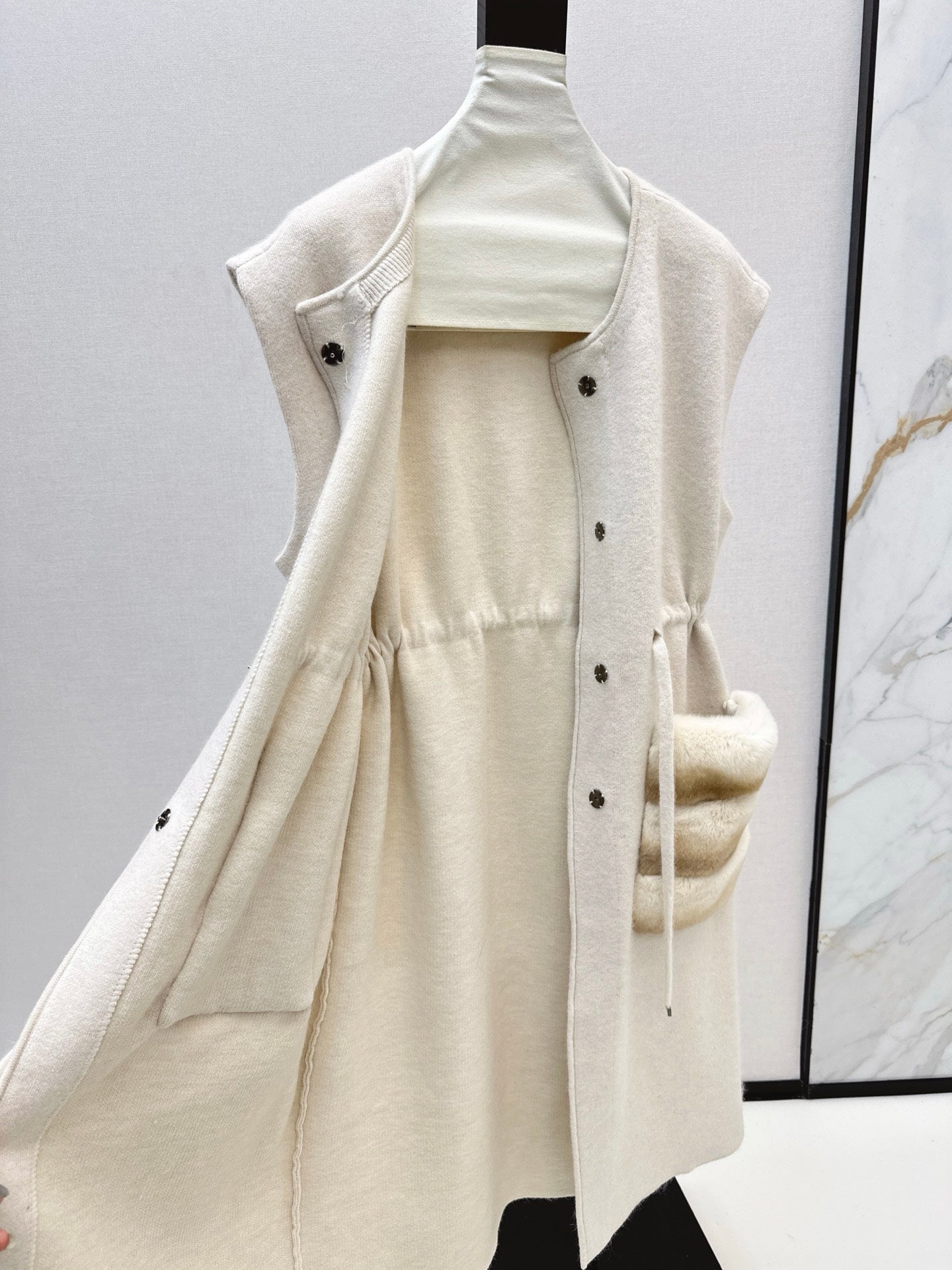 Fen 25 Rex rabbit fur collar pocket long vest coat(BEIGI/BROWN)