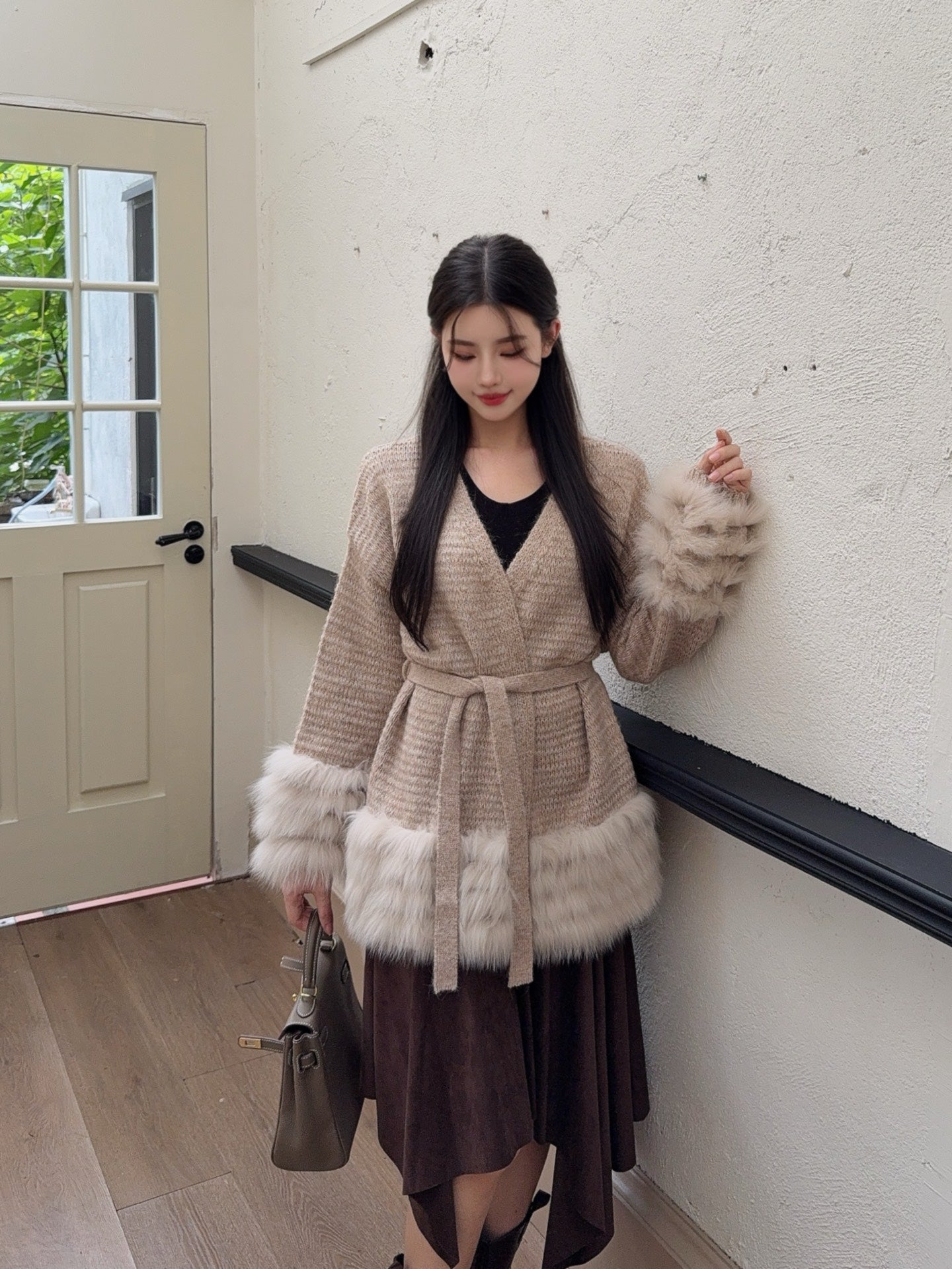 Fen 25 fox fur collar v-neck coat(BEIGI/BROWN)