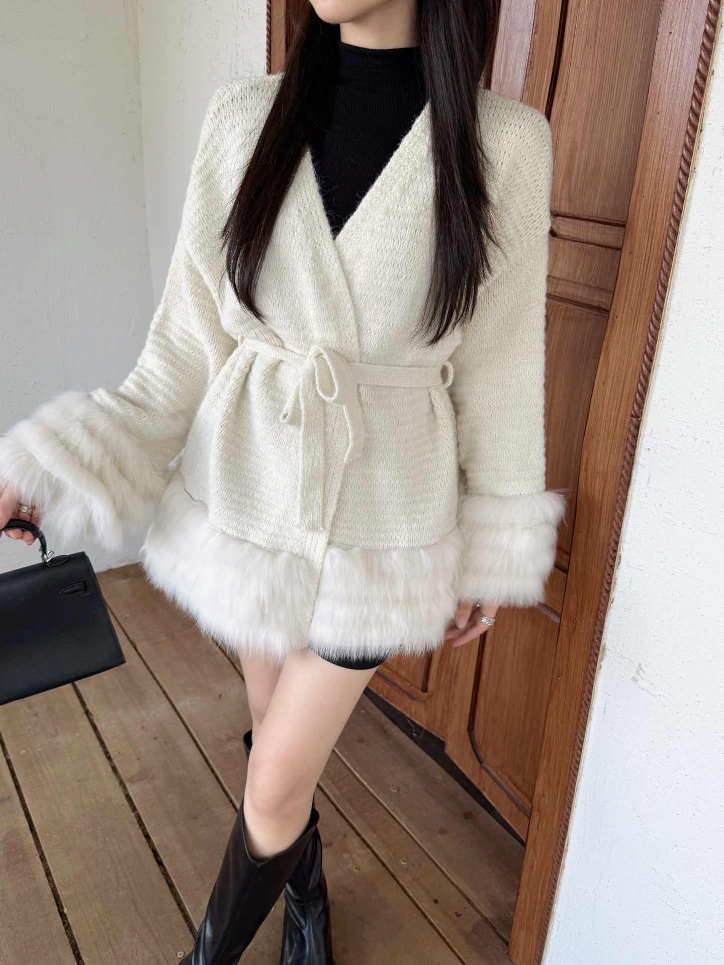 Fen 25 fox fur collar v-neck coat(BEIGI/BROWN)