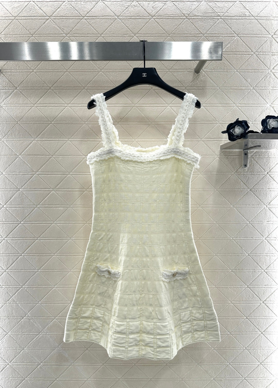 C 25B New High-end Handicraft Series White Furry Plaid Vest Dress