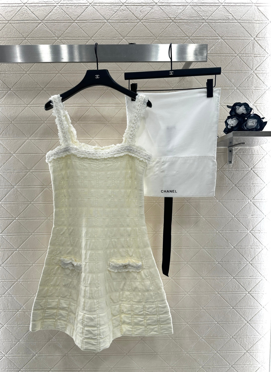 C 25B New High-end Handicraft Series White Furry Plaid Vest Dress