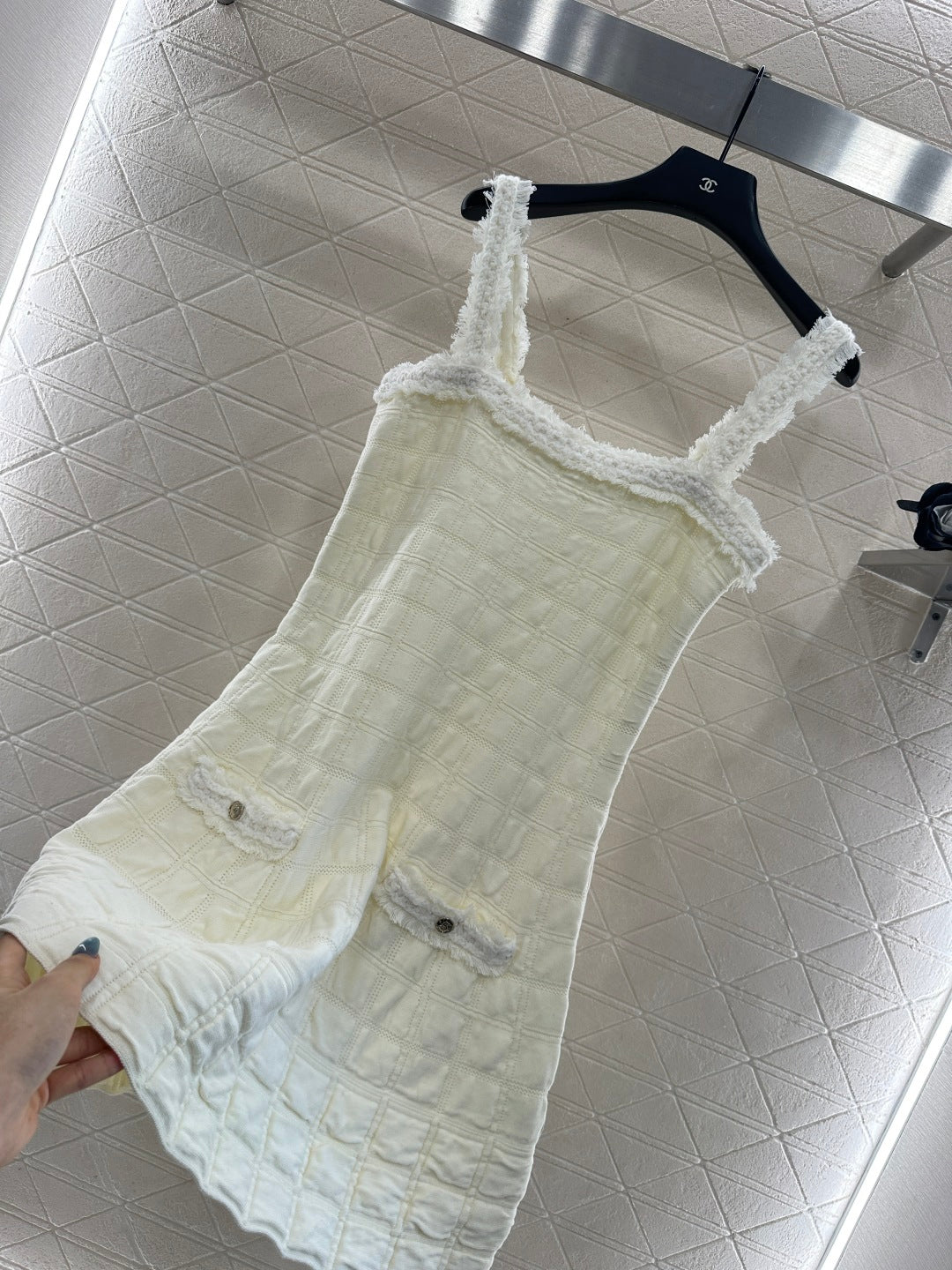 C 25B New High-end Handicraft Series White Furry Plaid Vest Dress
