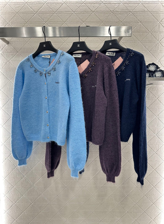 Mi 25 Rhinestone Beaded Knit wool Cardigan