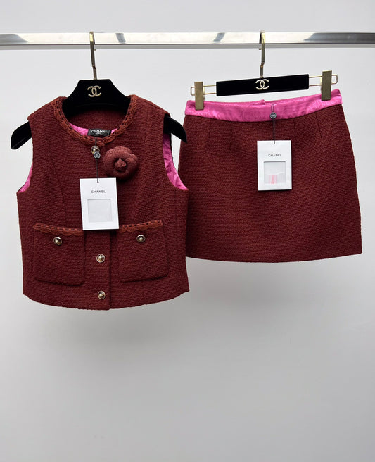 C 24 Retro Caramel Tweed Vest + Skirt Set (Advanced Hand-Spun Series)