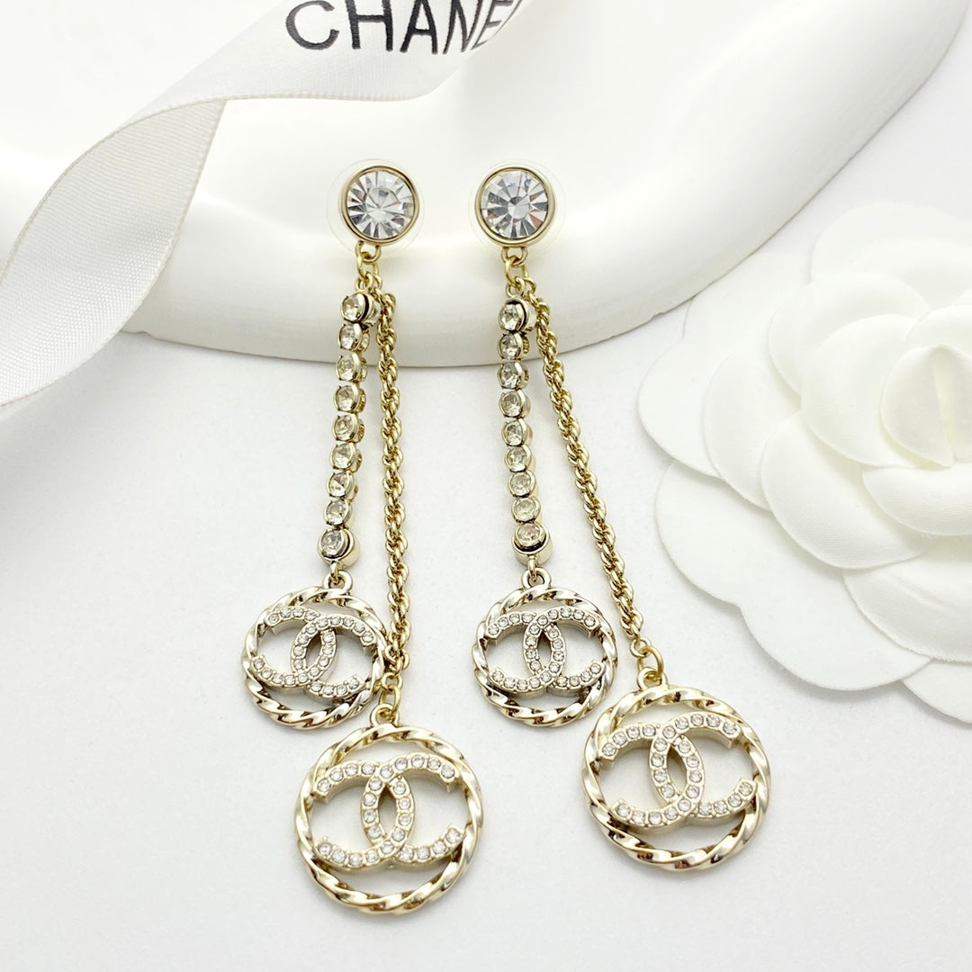C 25 Tassel rhinestone round diamond double c earrings