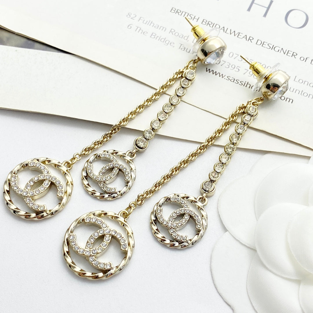 C 25 Tassel rhinestone round diamond double c earrings