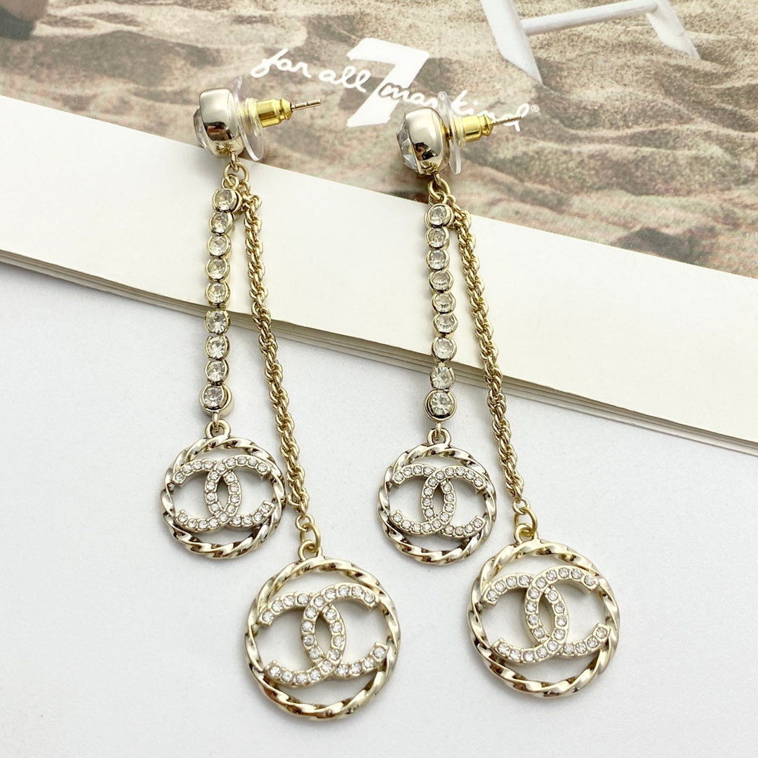 C 25 Tassel rhinestone round diamond double c earrings
