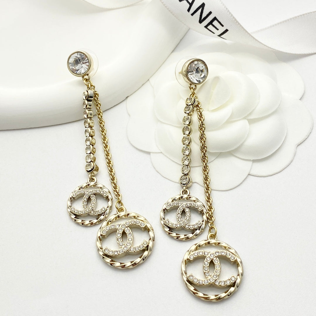 C 25 Tassel rhinestone round diamond double c earrings