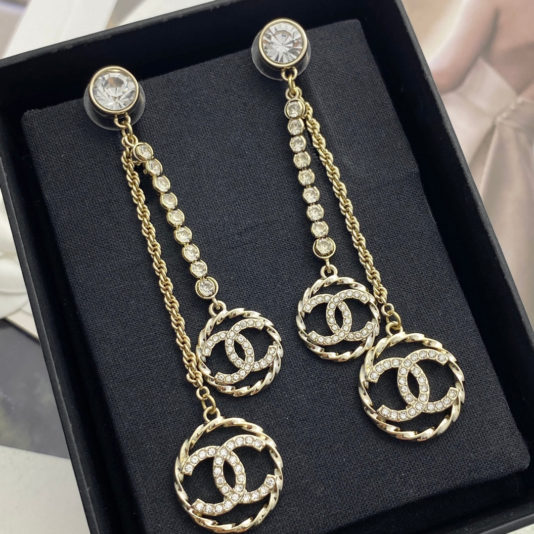 C 25 Tassel rhinestone round diamond double c earrings
