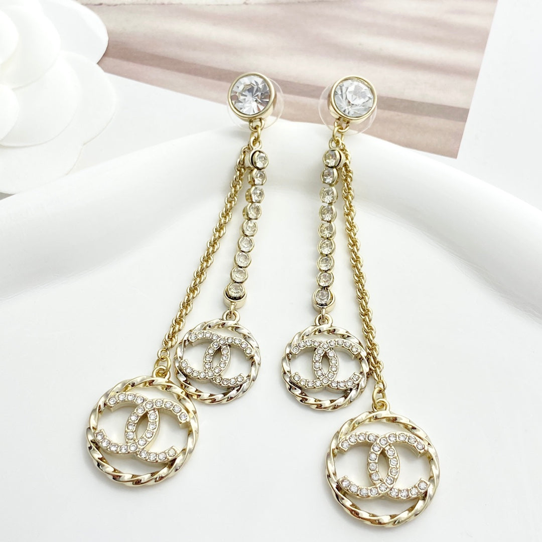 C 25 Tassel rhinestone round diamond double c earrings