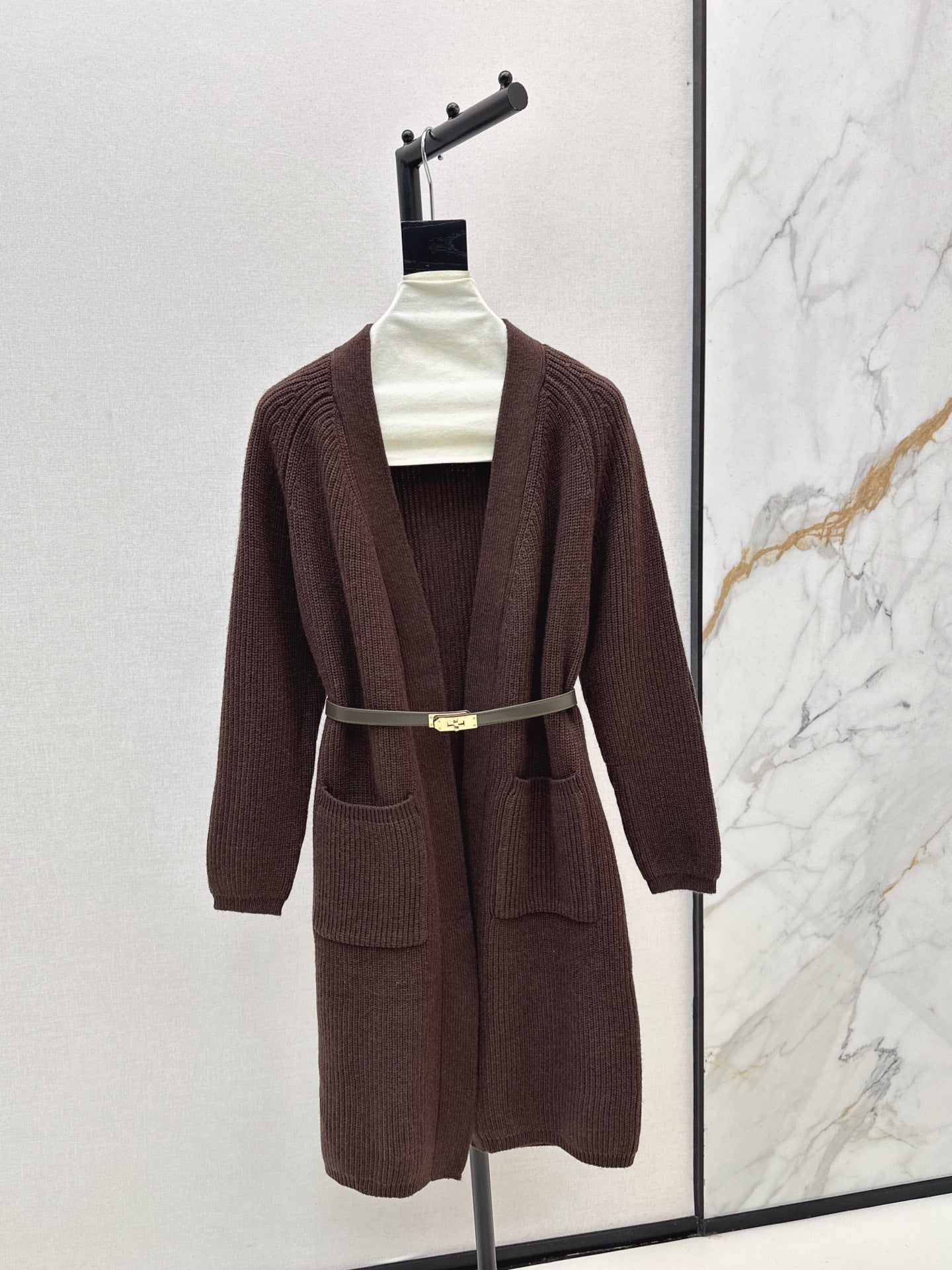 He 25 mid-length knitted wool coat(GRAY/BROWN)