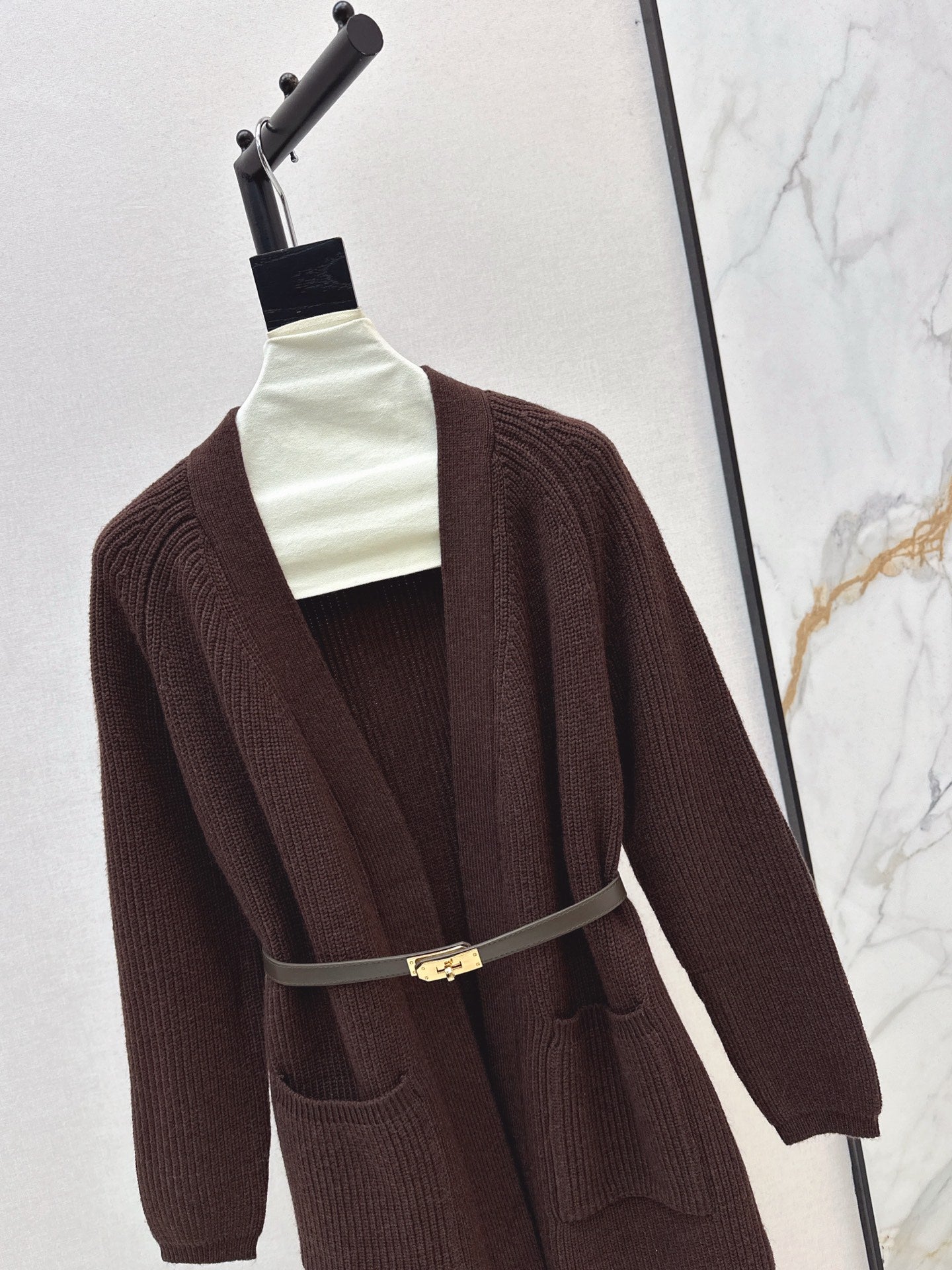He 25 mid-length knitted wool coat(GRAY/BROWN)