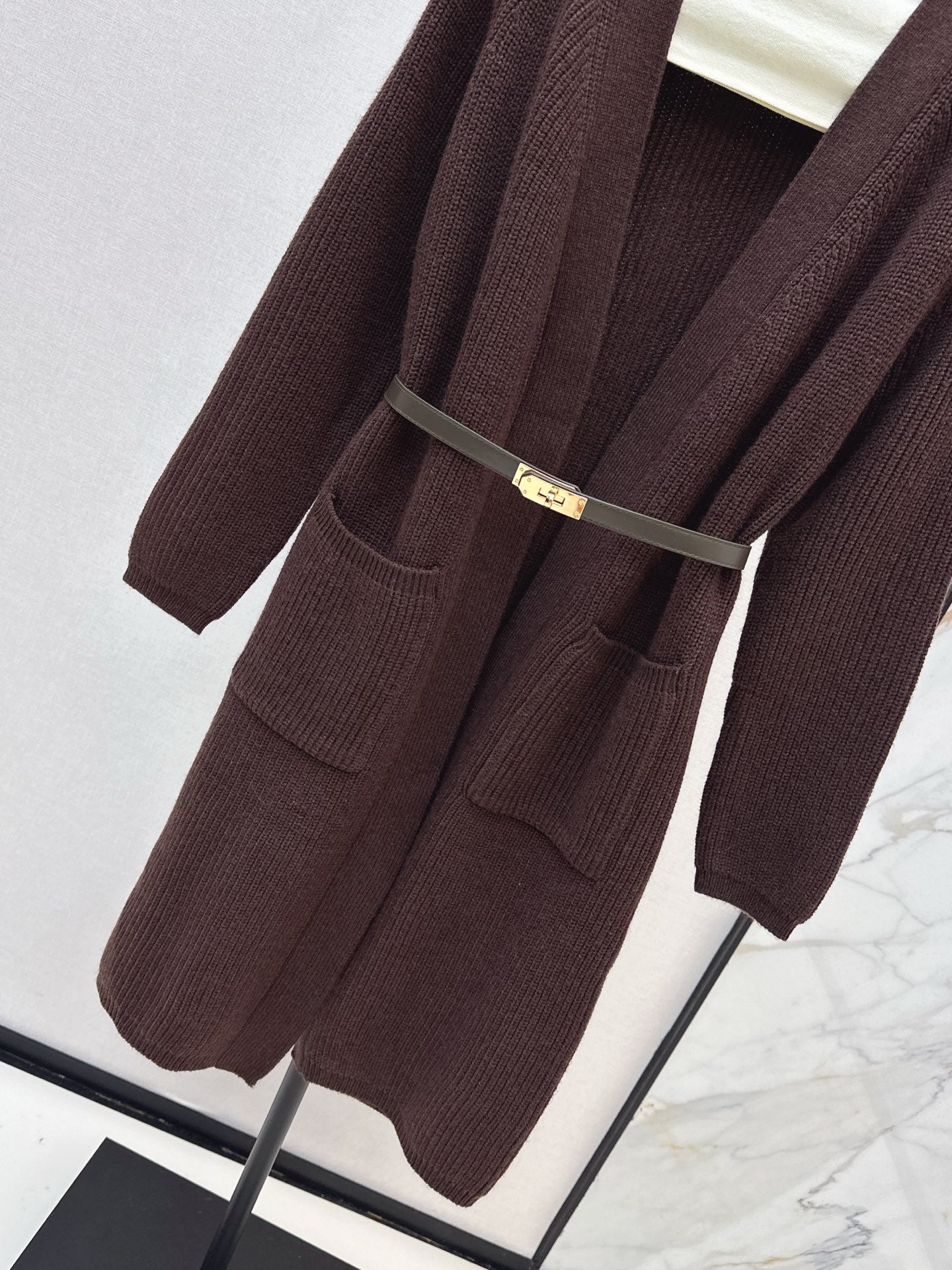 He 25 mid-length knitted wool coat(GRAY/BROWN)