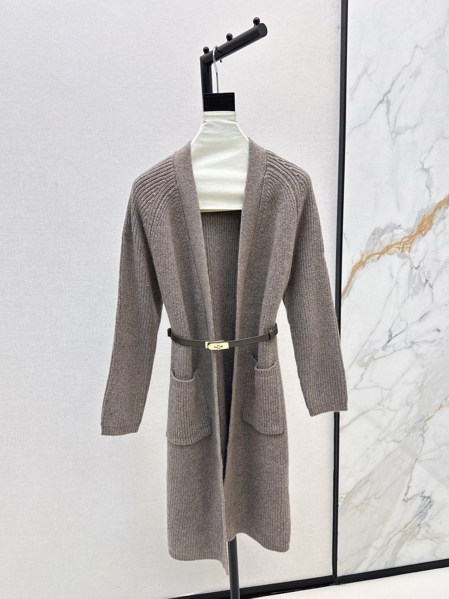 He 25 mid-length knitted wool coat(GRAY/BROWN)
