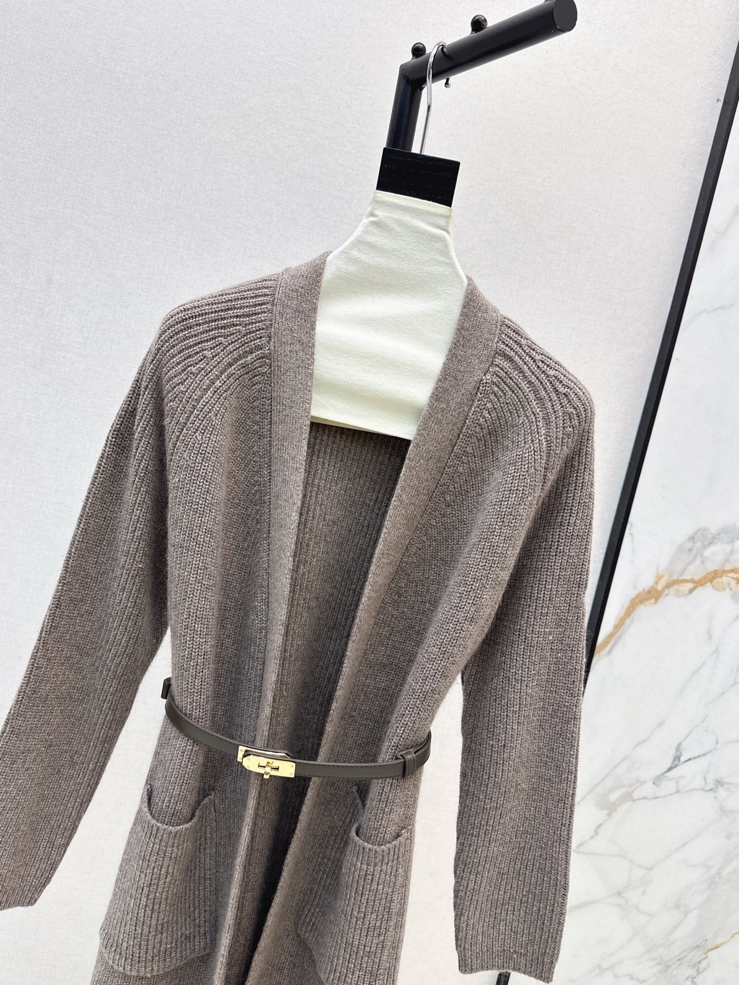 He 25 mid-length knitted wool coat(GRAY/BROWN)