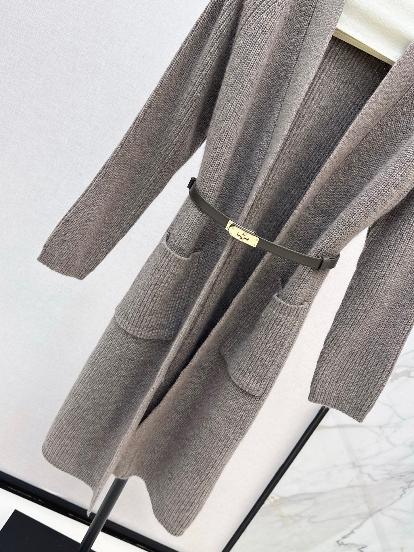 He 25 mid-length knitted wool coat(GRAY/BROWN)