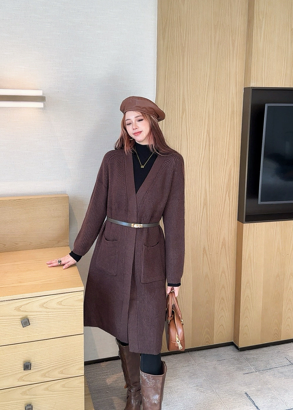 He 25 mid-length knitted wool coat(GRAY/BROWN)