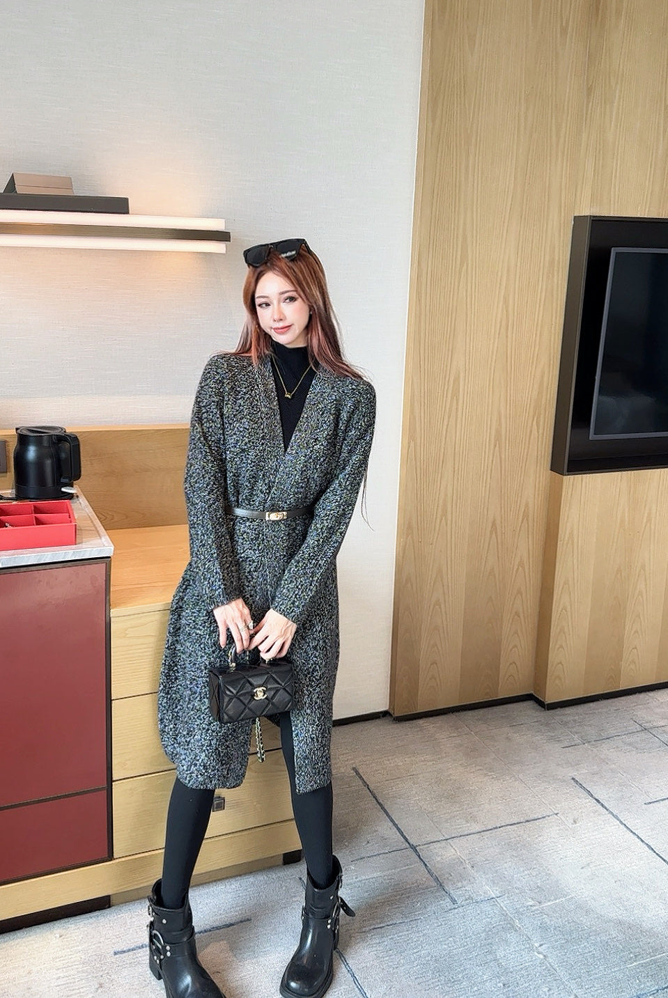 He 25 mid-length knitted wool coat(GRAY/BROWN)