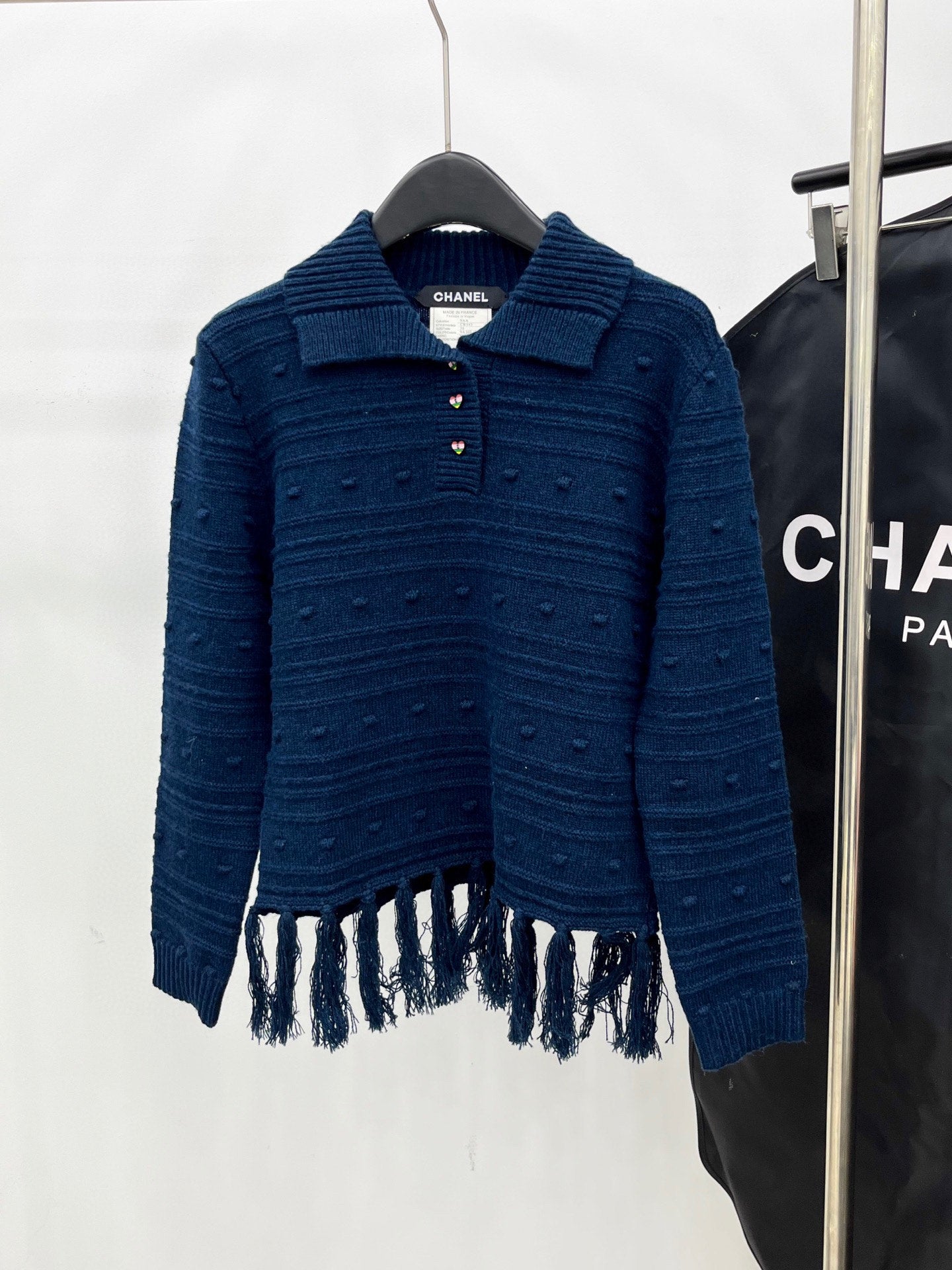 C 25 Vintage fringed cashmere sweater(WHITE/NAVY)