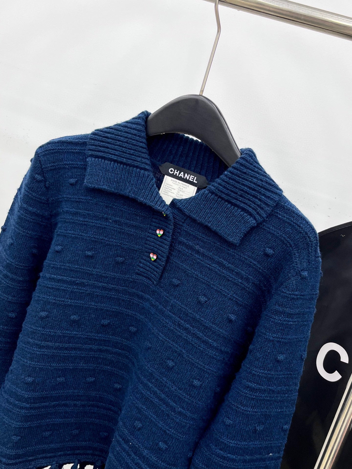 C 25 Vintage fringed cashmere sweater(WHITE/NAVY)