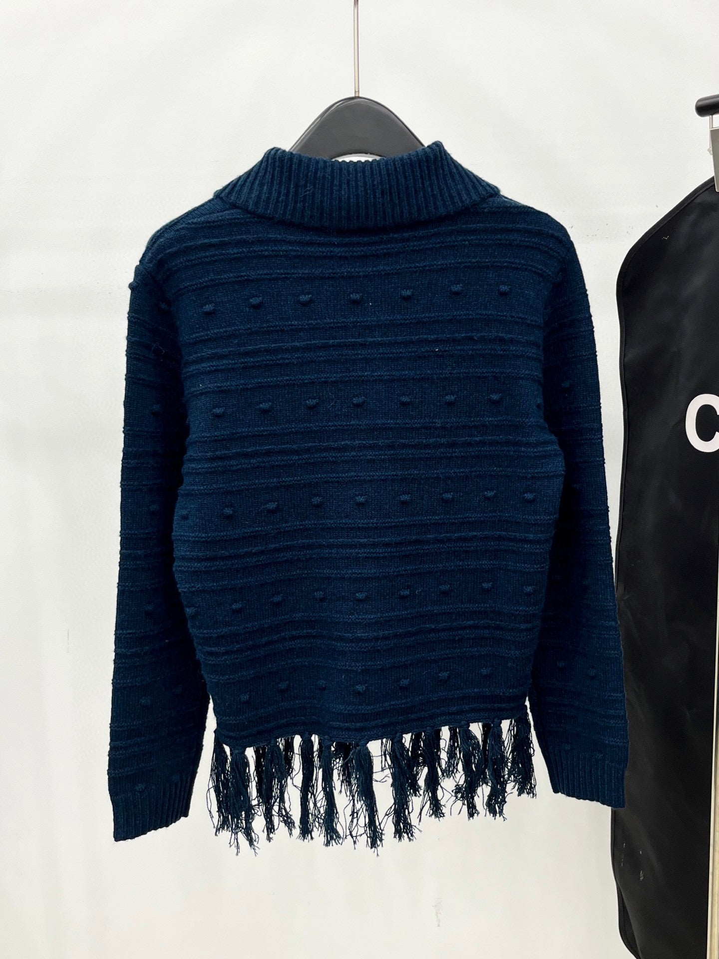 C 25 Vintage fringed cashmere sweater(WHITE/NAVY)