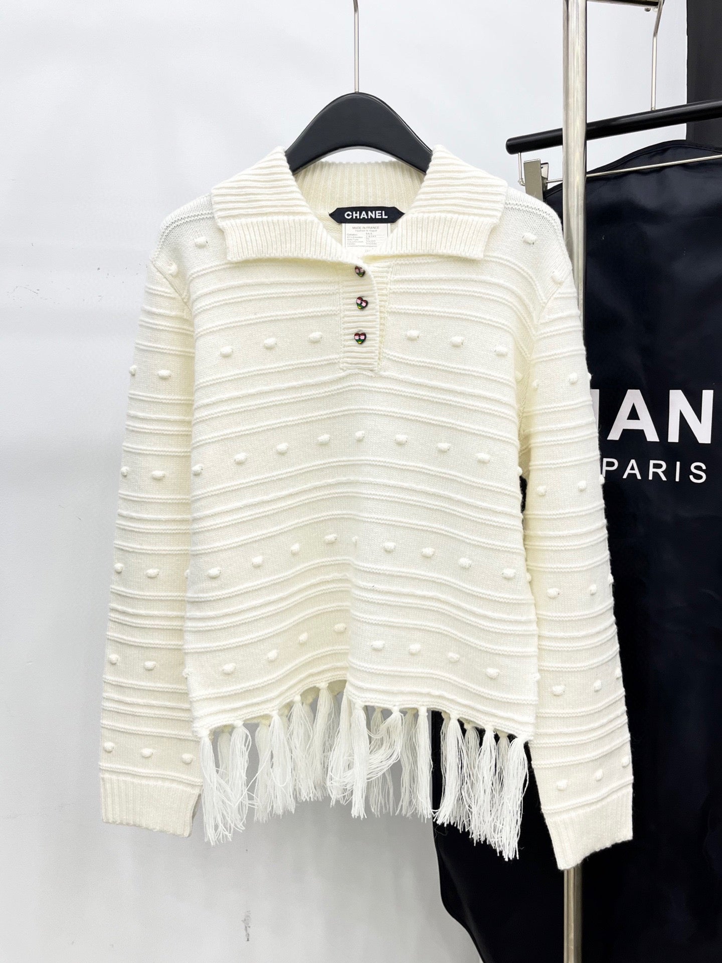 C 25 Vintage fringed cashmere sweater(WHITE/NAVY)