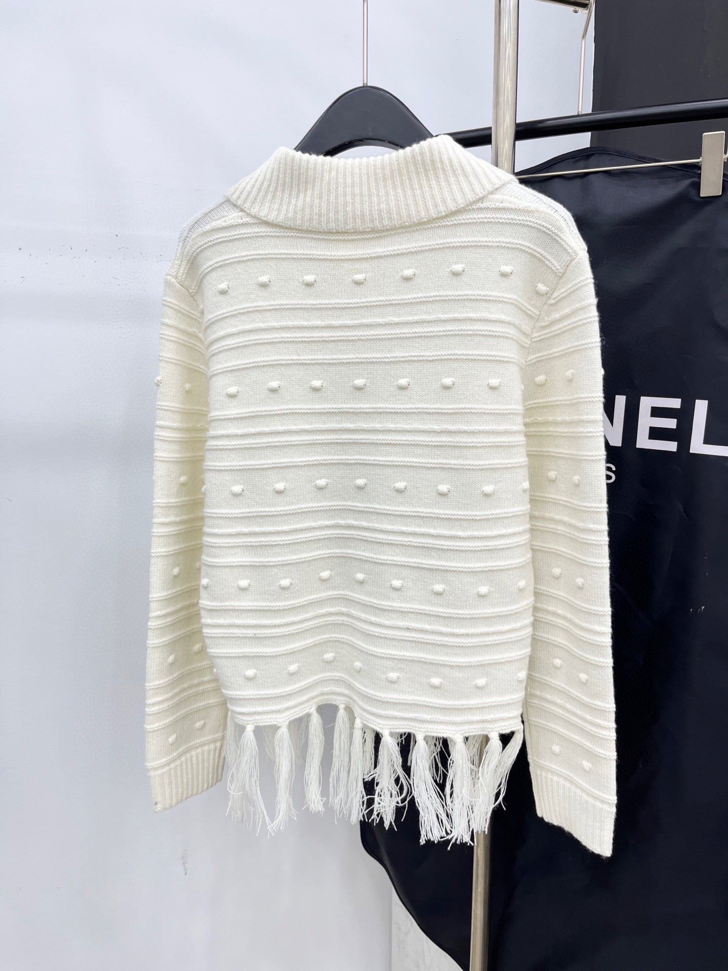 C 25 Vintage fringed cashmere sweater(WHITE/NAVY)