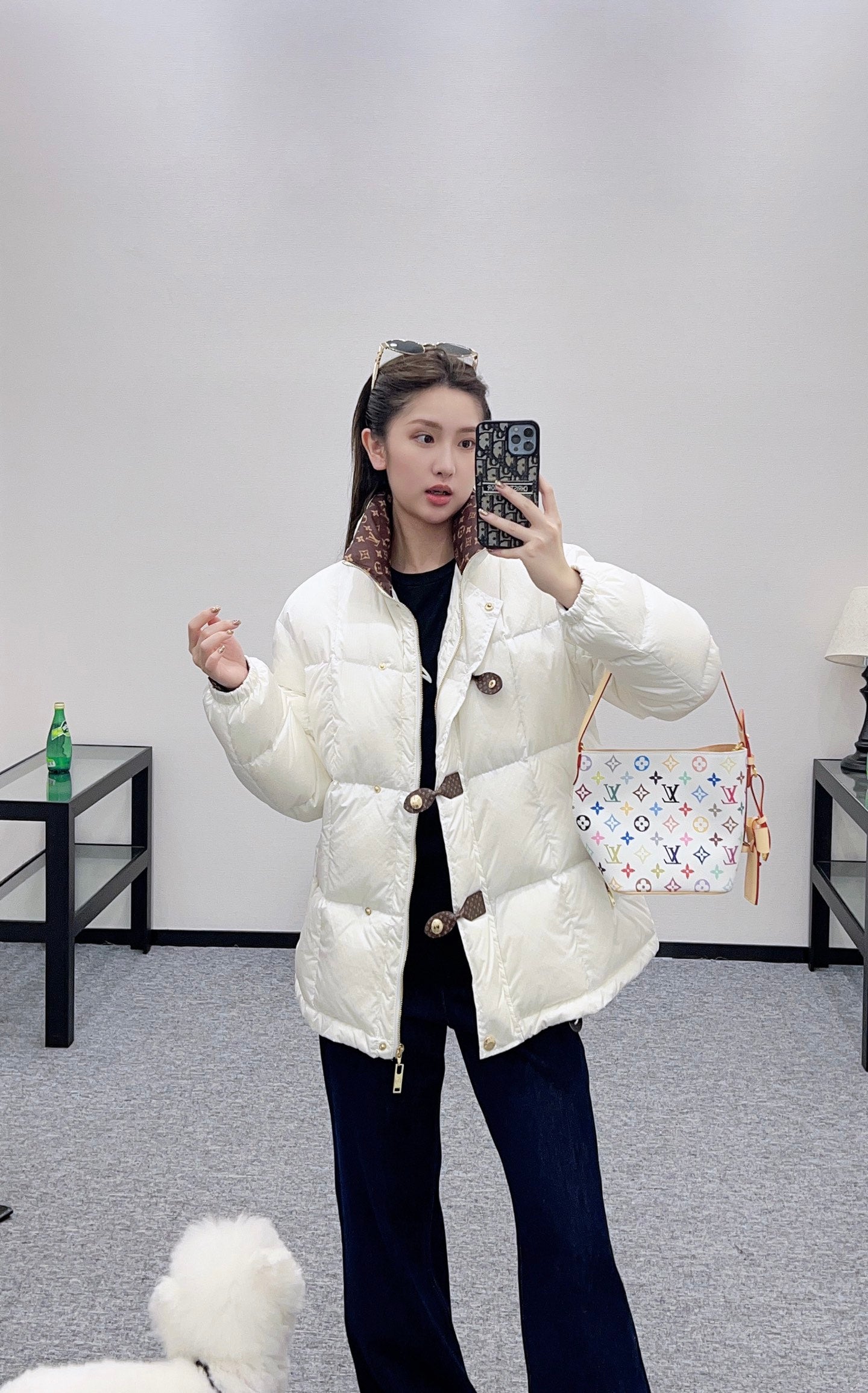 L 25 Stand collar leather button mid-length down jacket(WHITE/BLACK)