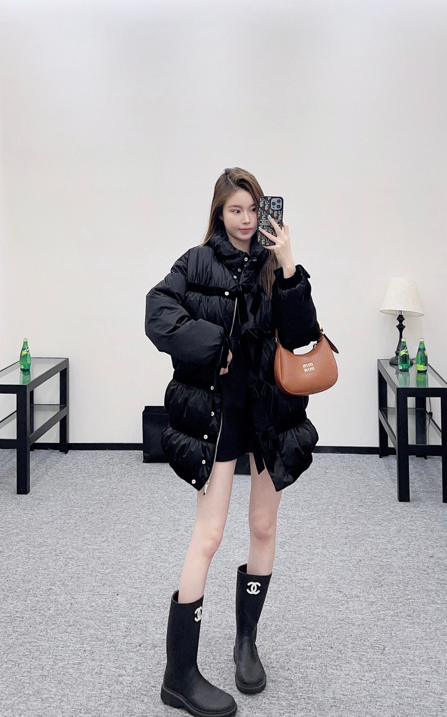 C 25 Velvet bow mid-length down jacket