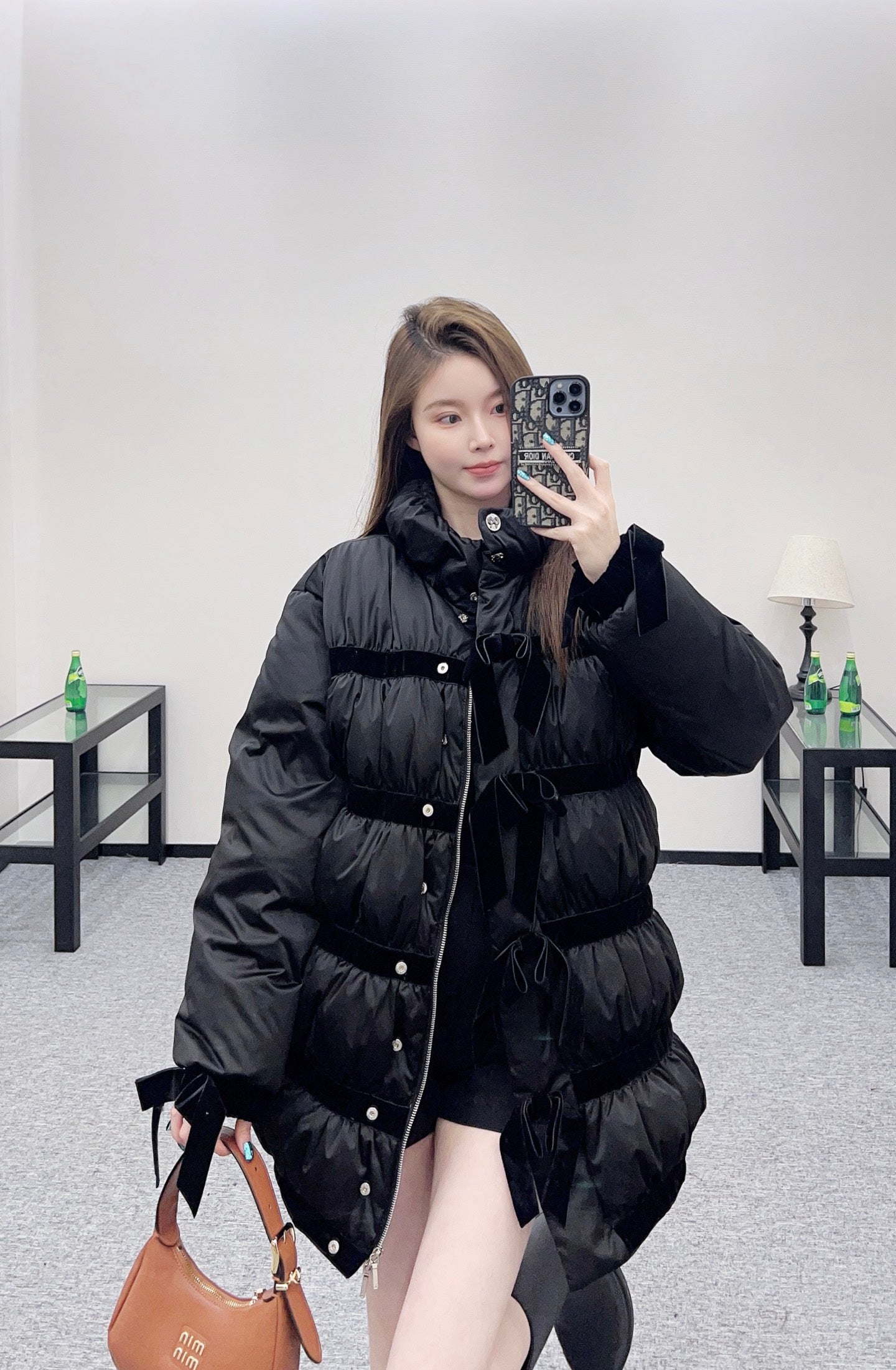 C 25 Velvet bow mid-length down jacket