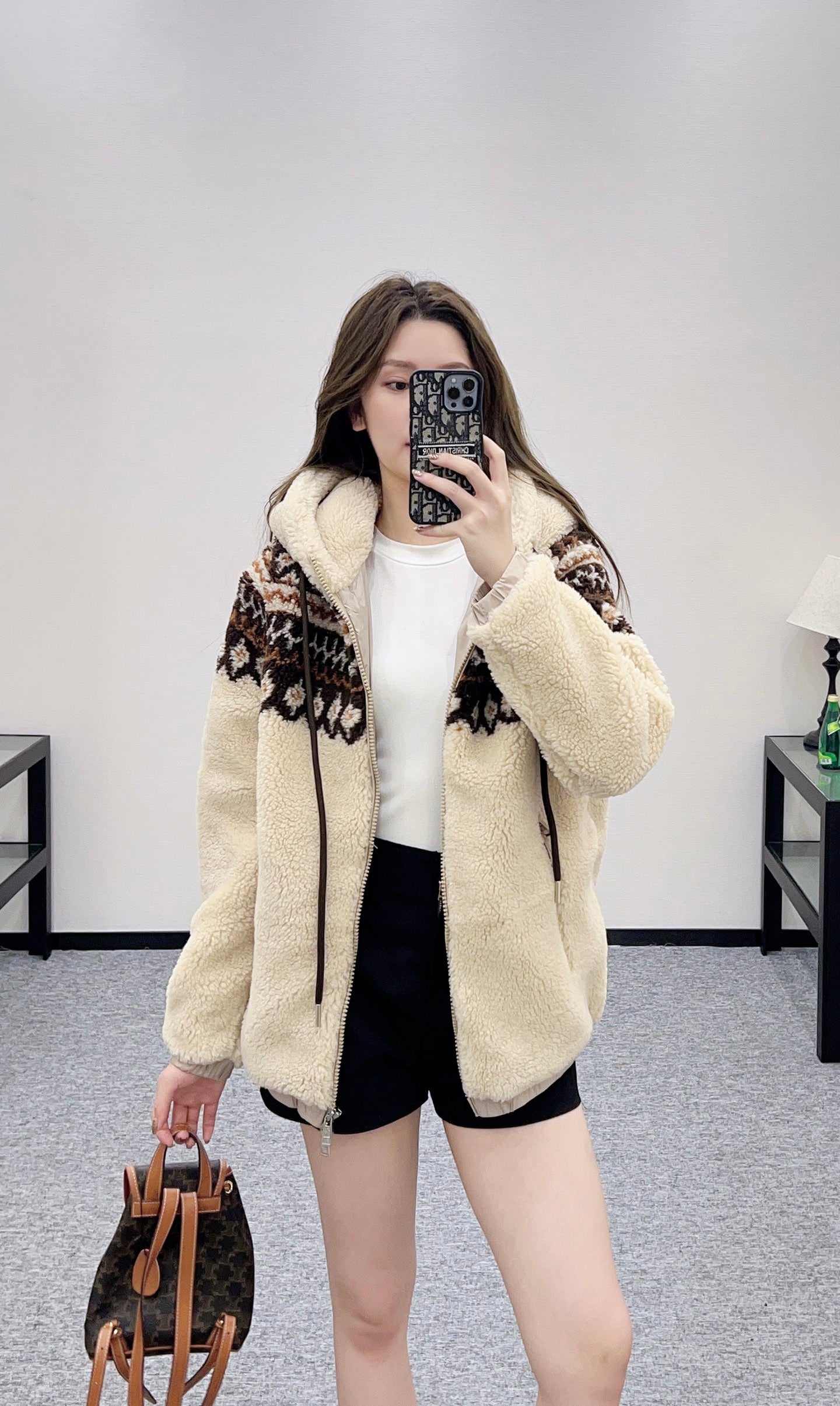 Mon 25 Teddy Plush Hooded Fair Isle Coat