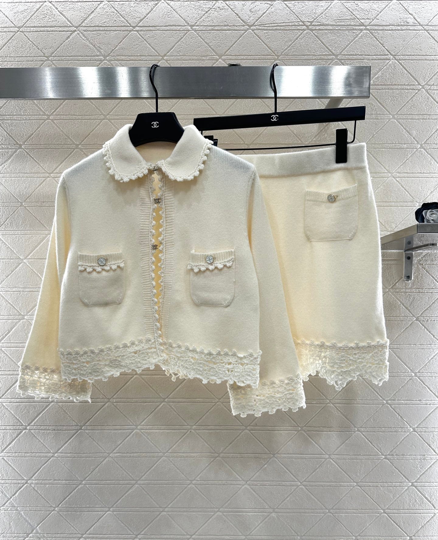 C 25 Lace Knitted Wool Cardigan + Skirt Set