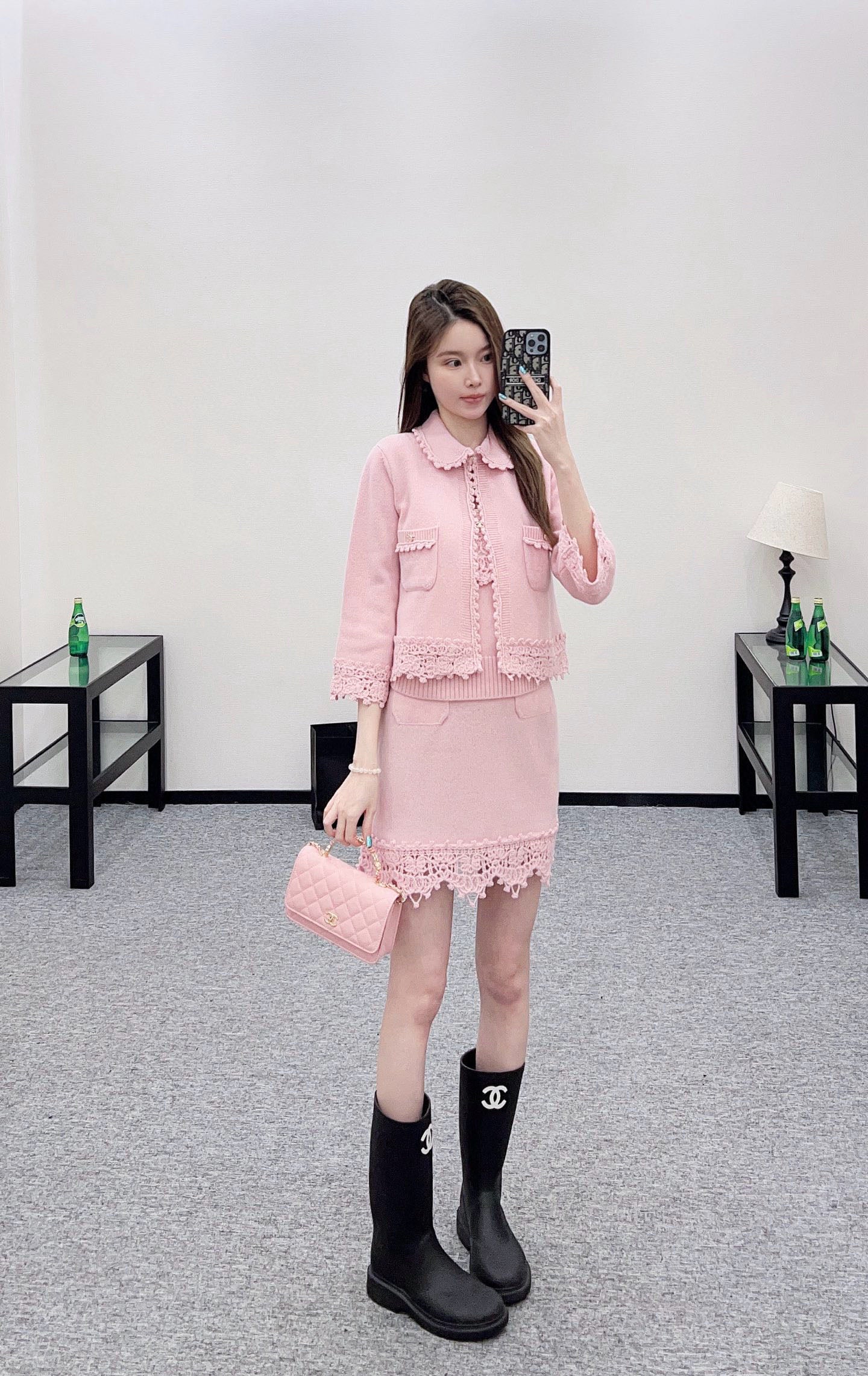 C 25 Lace Knitted Wool Cardigan + Skirt Set