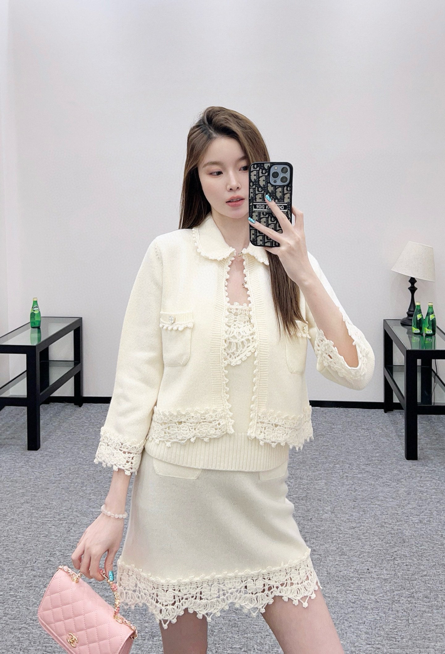 C 25 Lace Knitted Wool Cardigan + Skirt Set